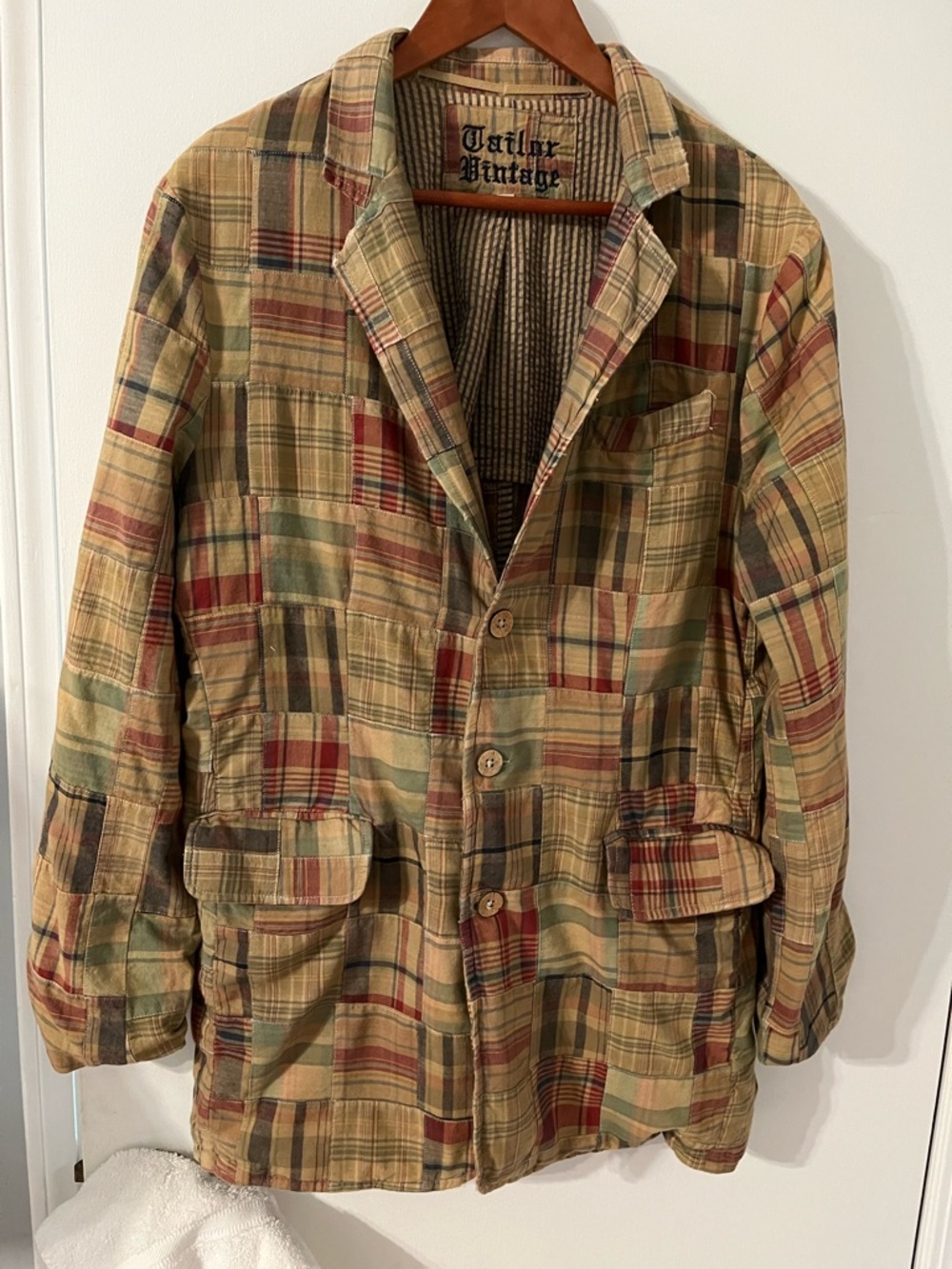 Tailor Vintage Plaid Patchwork Blazer in Beige, Green & Red